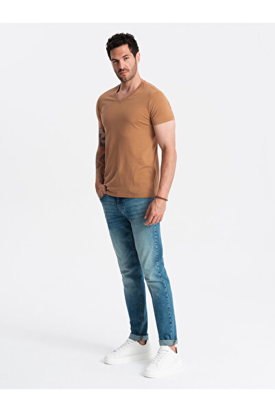 OMBRE Pánské klasické bavlněné tričko BASIC s výstřihem do V - hnědé V9 OM-TSBS-0145 S