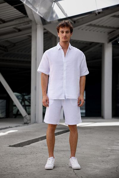 Pobudo White Color Linen Look Muslin Summer Suit - Shirt and Shorts Men's Suit