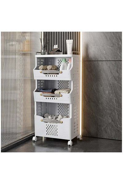 COOYA 3-layer laundry basket,detachable and foldable,multi-partition storage,with handles and wheels,white