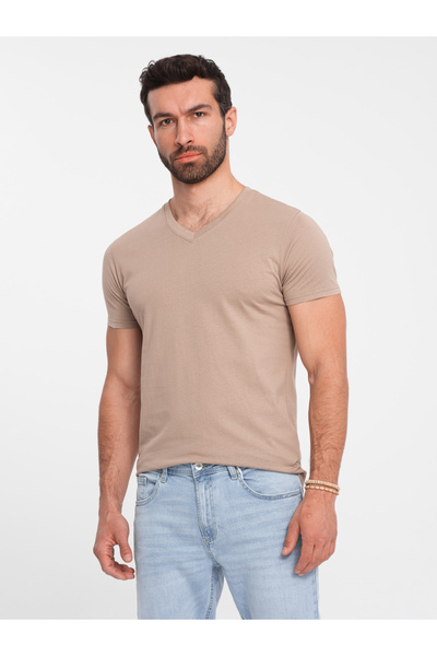 OMBRE Ανδρικό κλασικό βαμβακερό μπλουζάκι BASIC με V-λαιμόκοψη - σταχτί V21 OM-TSBS-0145 3XL