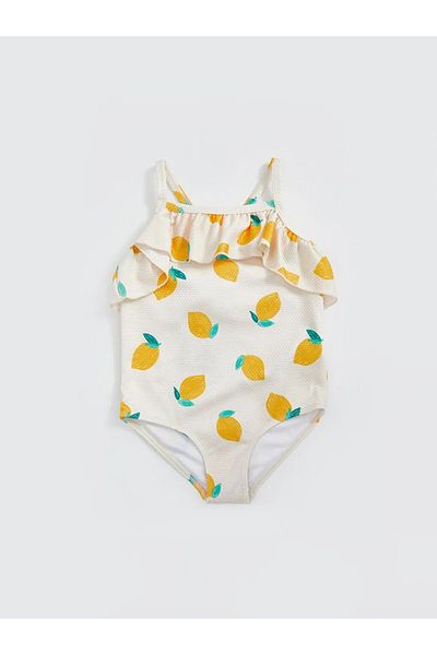 LC Waikiki LCW Kids Ecru Crew Neck Μαγιό για κορίτσια με στάμπα λεμόνι