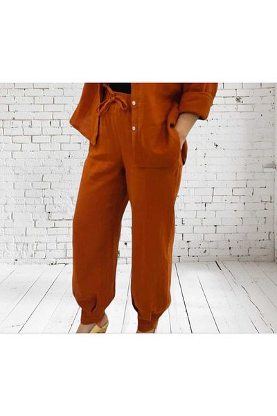 Valarmour 100% Cotton Muslin Brick Color Pleated Trousers (Pay Attention to the Height-Weight Table)