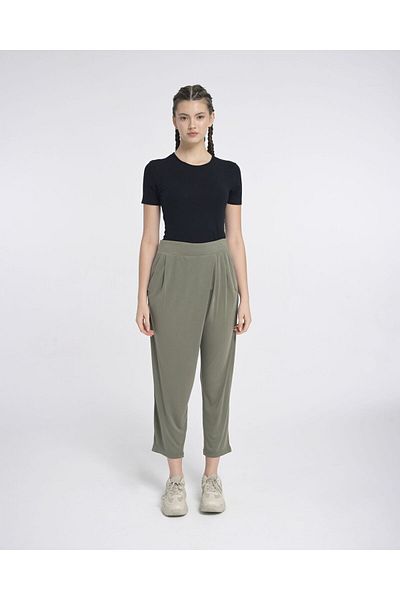 Monolou Summer Trousers Khaki with Asymmetrical Modal Fabric on the Front