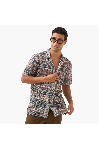 FAV Textured Regular Fit Shirt with Camp Collar and Short Sleeves