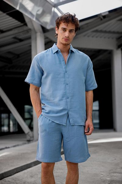 Pobudo Blue Color Linen Look Muslin Summer Set - Shirt and Shorts Men's Set