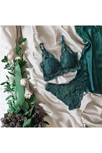 cdh çeyize dair herşey Set de zestre 6 piese din satin de mătase verde smarald dafin 6738