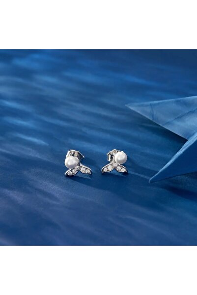 delis Σκουλαρίκια Fishtail από ασήμι 925 με μαργαριτάρι και ζιρκόνιο, επιπλατινωμένα με ρόδιο