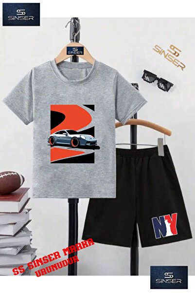 SS SİNSER Детски комплект от тениска с принт „CAR GREY RED BLACK CANVAS” и къ...