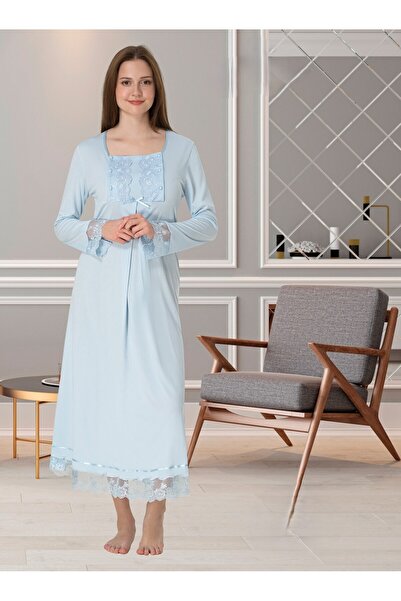 Genel Markalar Mavi Özel Dantelli Tasarım Lohusa Hamile Gecelik-Sabahlık ve Pijama Takım 4'lü Set