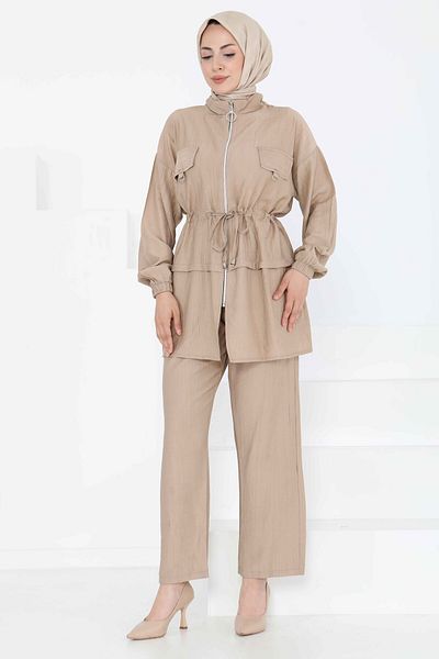 TOFİSA Tie Waist Double Suit Beige - 27181