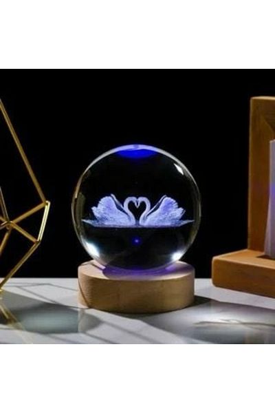 BaoBao Crystal Globe 3D Night Light with Swans – 10cm, wooden base, warm decorative ambient light