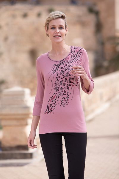 YXL COLLECTION Women's Plus Size Lycra Stone Leopard Pattern Three Quarter Sleeve (4 Season) Mother T-Shirt Blouse - Gülkurusu