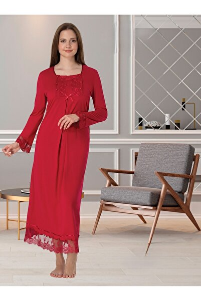 BLACKMORE Fuchsia Special Lace Design Maternity Nightgown-Dressing Gown and Pajama Set Set of 4