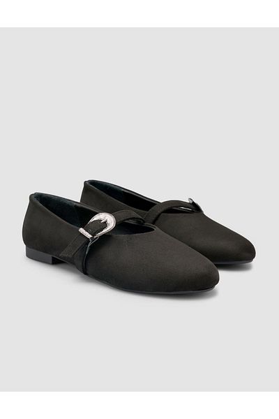 Cabani Suede Look Buckle Detailed Black Women's Ballerinas