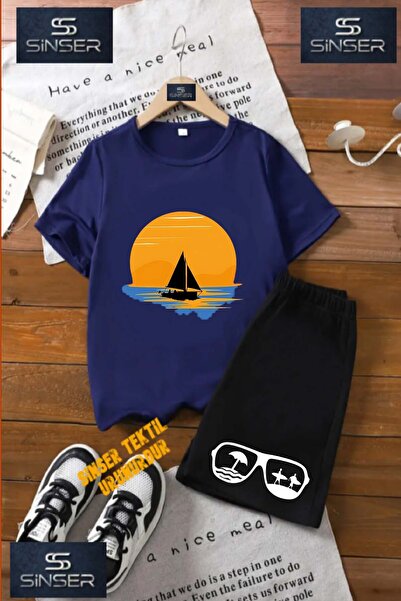 SS SİNSER Kids “Sailing Sun Black“ Custom Printed Crew Neck T-Shirt - Shorts Set