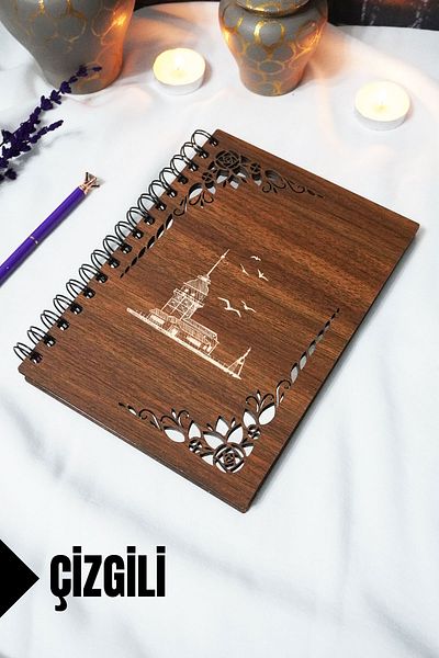 markcat Maiden's Tower Wooden Cover Notebook - Lined Notebook - 60 Sheets (120 Pages) - A5 15X21 cm