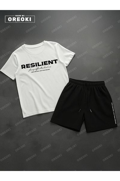 EFFRENATU Durable Printed Cotton Fabric Men's White T-Shirt-Siayh Shorts Set