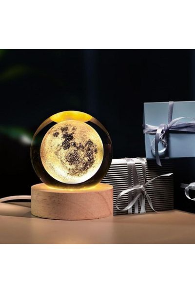 BaoBao 3D Crystal Globe Night Light with Moon, 8cm, warm ambient light for bedroom and office