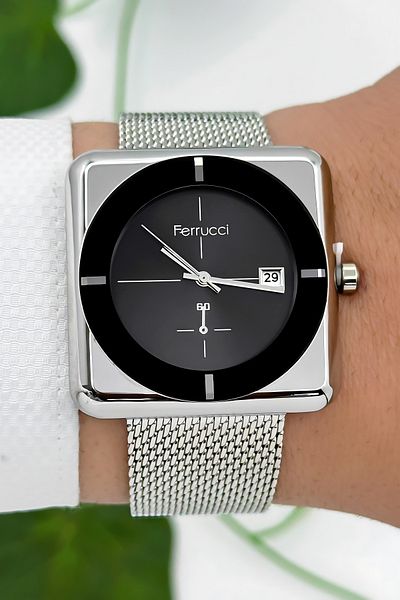 Ferrucci Men's Wrist Watch with Calendar Steel Case & Steel Cord Silver-Black Zmfer183