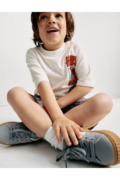 Magu Boys' Marvel Character Printed White T-Shirt and Striped Shorts Set