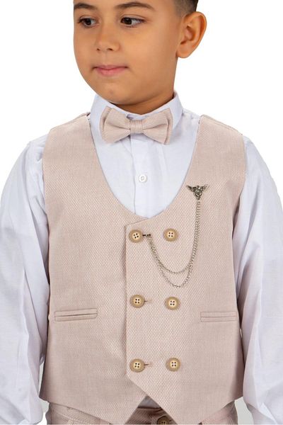 Magu Boy's Linen Look Stone Colored Vest Pants Set - Bow Tie and Chain Accessories