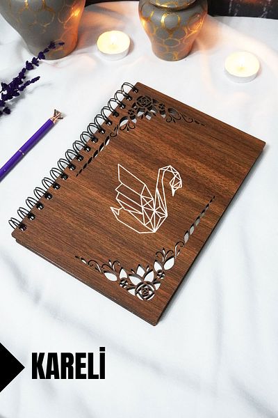 markcat Swan Wooden Cover Notebook - Checkered Notebook - 60 Sheets (120 Pages) - A5 15X21 cm