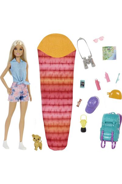 mattel Papusa Barbie Malibu - Barbie la camping cu catelusa, 14 accesorii