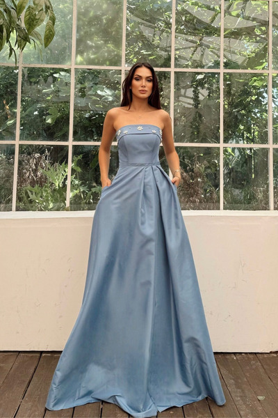 Sindimoda Hazel Straplez Işlemeli Saten Abiye 4747