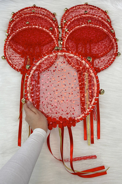 ZEYMERADE Kırmızı Gelin Nedime Tef, Çiçek Pul Payet Ve Parlak Taşlı, Düğün Kı...