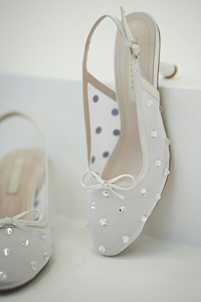 Parponi Bow Women's Bow Stone Mesh Evening Dress Shoes White