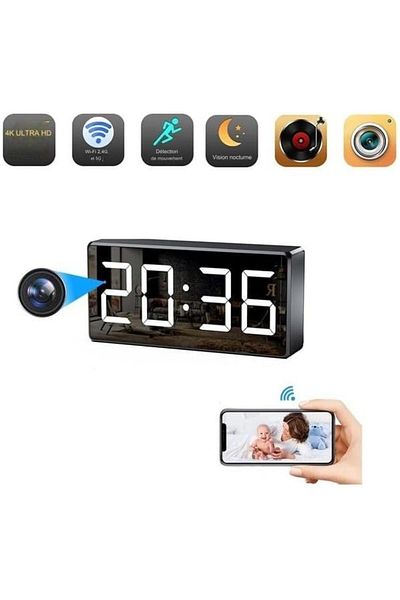 Minitechnics Desk Clock with WiFi Camera, Real-Time Surveillance, Night Vision and Memory up to 256GB,