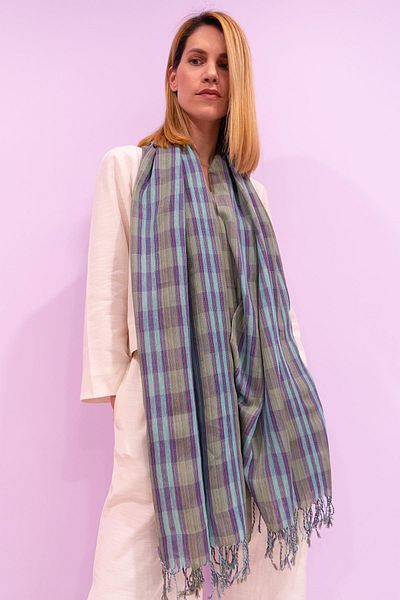 Defne&Apollon İpekçilik Hand-Woven Peace Silk Plaid Pattern Shawl 70 X 190 cm - Turquoise