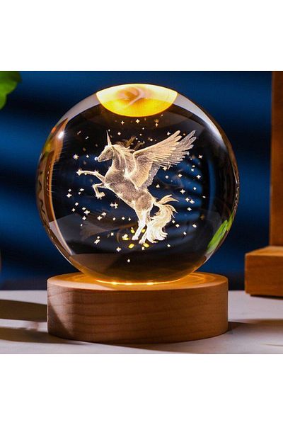 BaoBao 3D Crystal Globe Night Light with Unicorn, 8cm, warm ambient light, with wooden base
