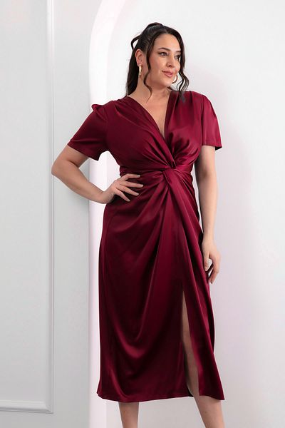 Lafaba Women's Burgundy Knot Detailed Plus Size Midi Satin Dress