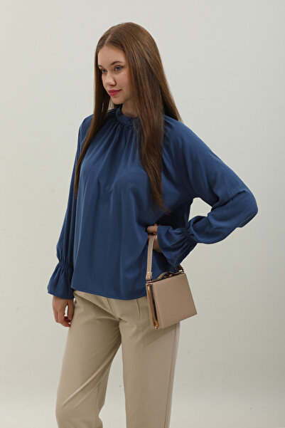 ZÜLAYS Yakası Büzgülü Gömlek Lacivert