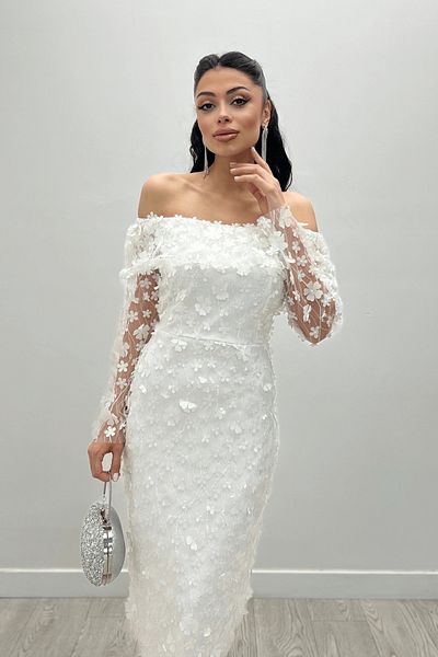 giyimmasalı Three Size Floral Fabric Boat Neck Pencil Dress - WHITE