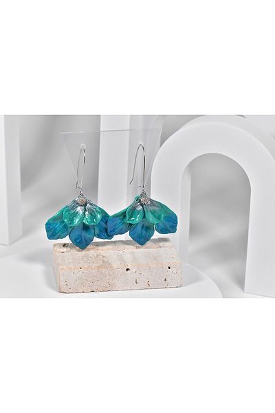 NARRU Handmade NARRU earrings, chandelier, floral, in shades of blue, turquoise, silver, Leila 17