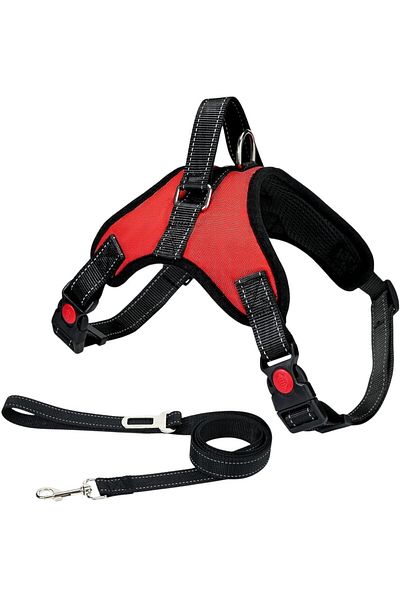 molshine reflective dog harness and leash set, oxford/nylon fabric, red/black, size L