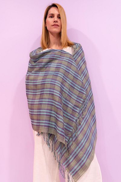 Defne&Apollon İpekçilik Hand-Woven Peace Silk Plaid Pattern Shawl 70 X 190 cm - Turquoise
