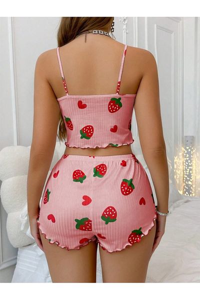 ALORA Women's Strawberry and Heart Patterned Pink Shorts Athlete Set