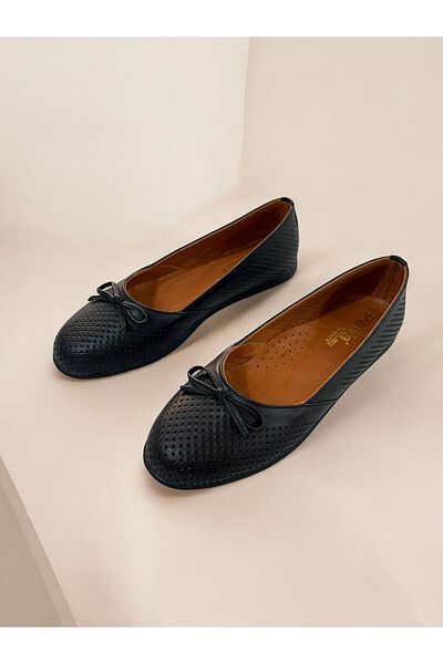 PLUSH STUDIO ISTANBUL Genuine Leather Women's Black Ballerina Shoes - Comfortable and Stylish for Daily Use