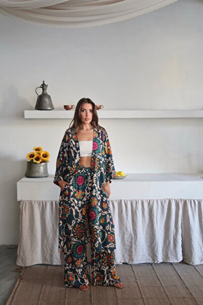 Paw Garage Kadın Desenli Kimono Pantolonlu Yazlık Takım