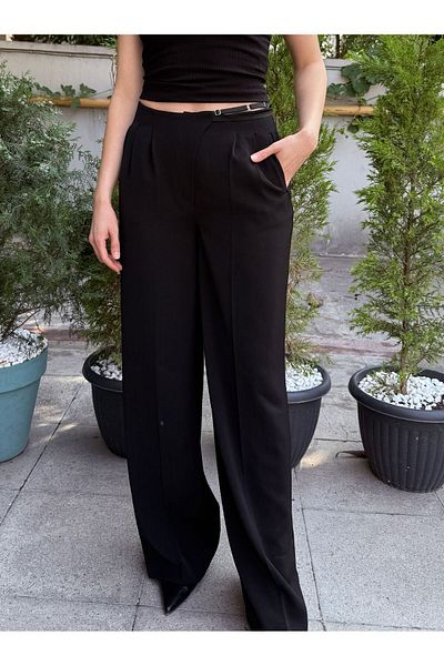DenizEge Flowing Fabric Trousers with Waist Accessories Black-36