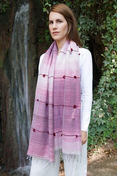 Defne&Apollon İpekçilik Hand Woven Wool Shawl 65 X 205 cm - Dark Pink
