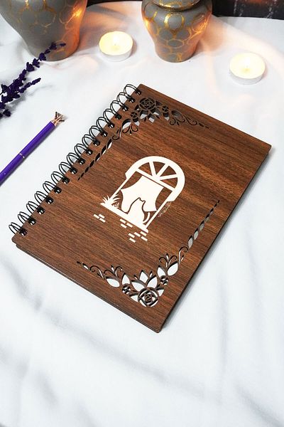 markcat Cat Window Wooden Cover Notebook - Unlined Notebook - 60 Sheets (120 Pages) - A5 15X21 cm