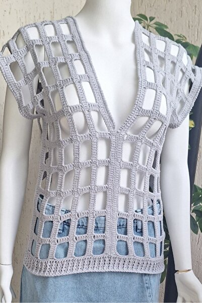 Butik KADIN GRİ RENK FİLE MODEL HAND MADE EL ÖRGÜSÜ PAMUKLU COTON İPTEN V YAK...