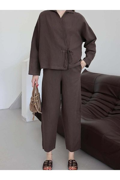 ZENİSO BUTİK Bel Tie Shirt & Blouse Pants Set Women's Double Set