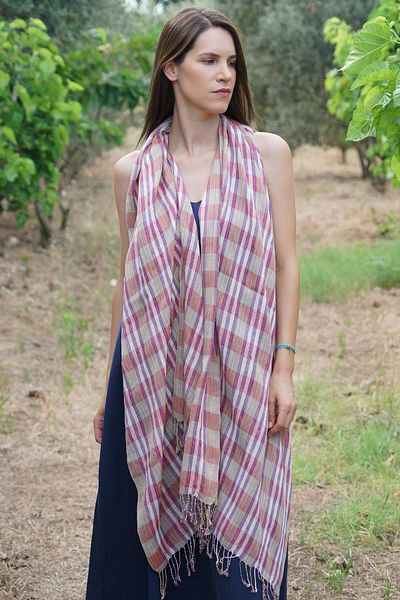 Defne&Apollon İpekçilik Hand Woven Peace Silk Plaid Pattern Shawl 70 X 190 cm - Cream
