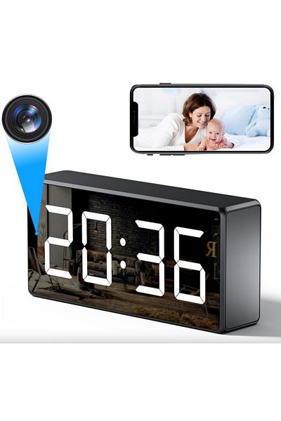 Minitechnics Desk Clock with WiFi Camera, Real-Time Surveillance, Night Vision and Memory up to 256GB,