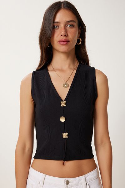 Lovelyİstanbul Bluză crop tricotată cu nasturi aurii NEGRU LZV0012